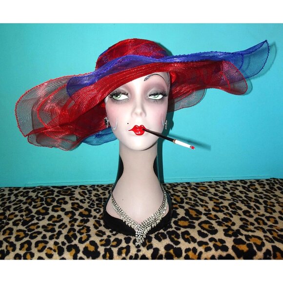 Vintage Purple & Red Sheer Wide Brim Sun Hat summer church hat pinup retro glam main image 5
